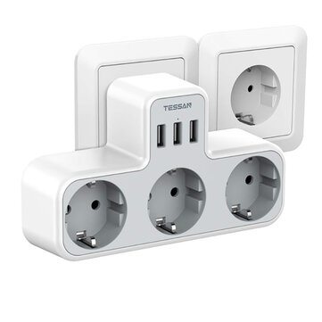 TESSAN TS-323-DE German/EU 3600W Wall Socket Extender with 3 AC Outlets/3 USB Ports 5V 2.4A Power Adapter Overload Protection Sockets for Home/Office