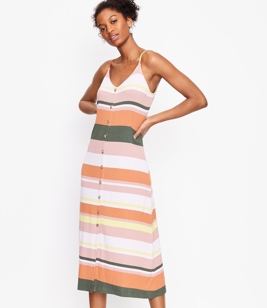 Striped Button Strappy Midi Dress
