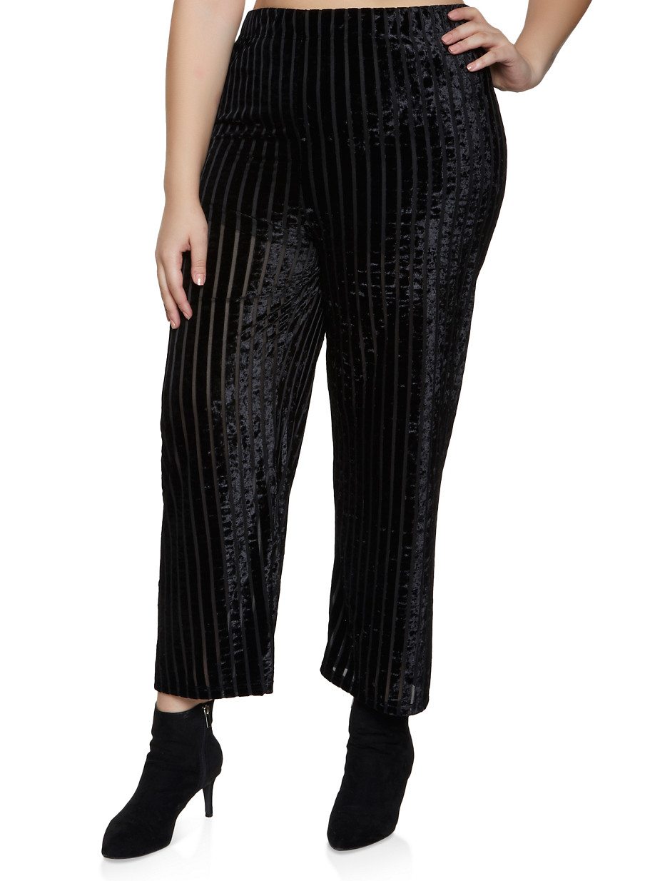 Plus Size Crushed Velvet Striped Palazzo Pants