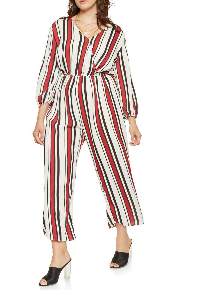 Plus Size Striped Faux Wrap Jumpsuit
