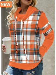 ROTITA Patchwork Plaid Orange Cowl Neck Long Sleeve Sweatshirt