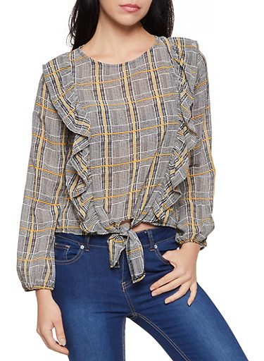 Plaid Ruffled Tie Front Blouse