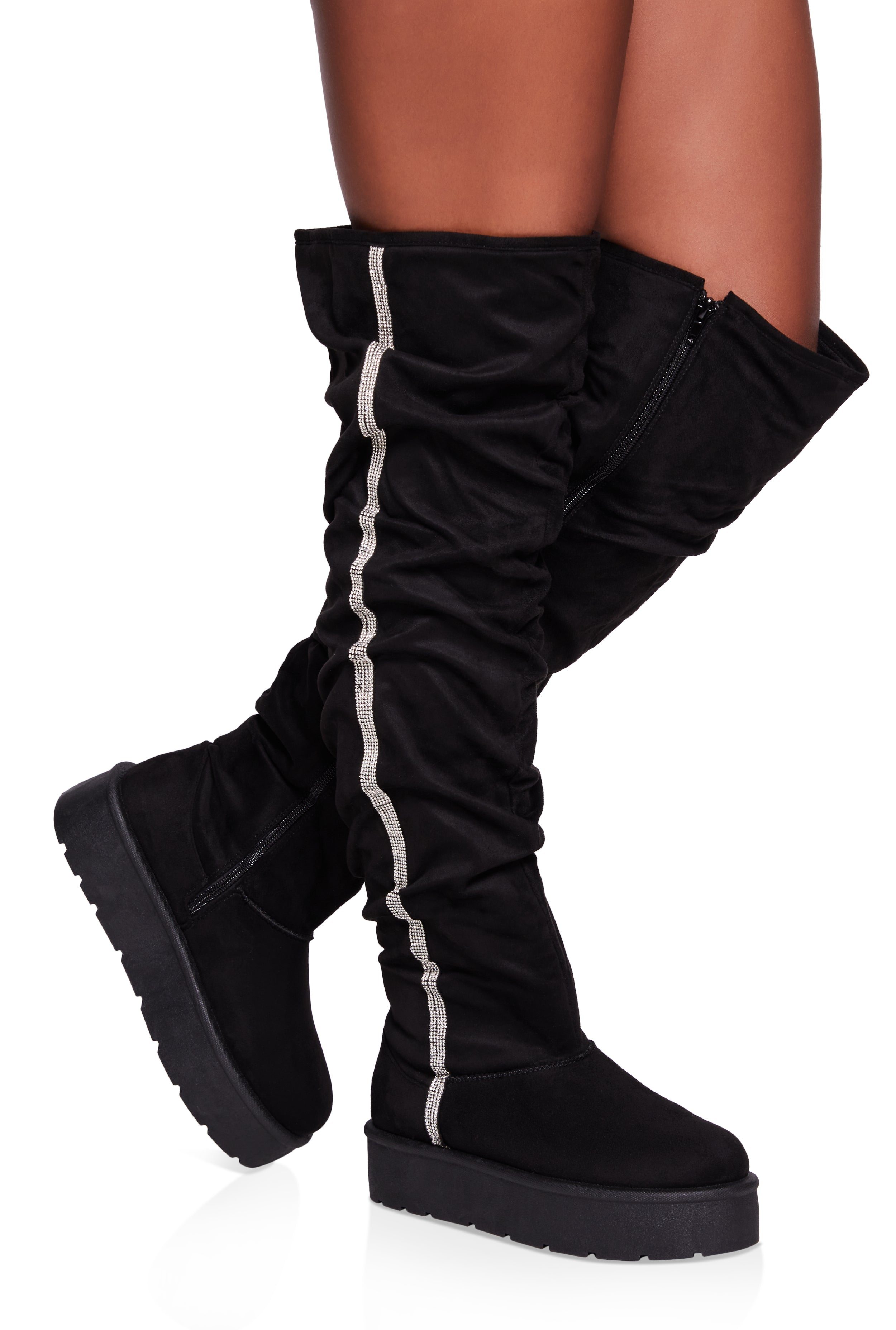 Rhinestone Trim Slouch Over the Knee Boots