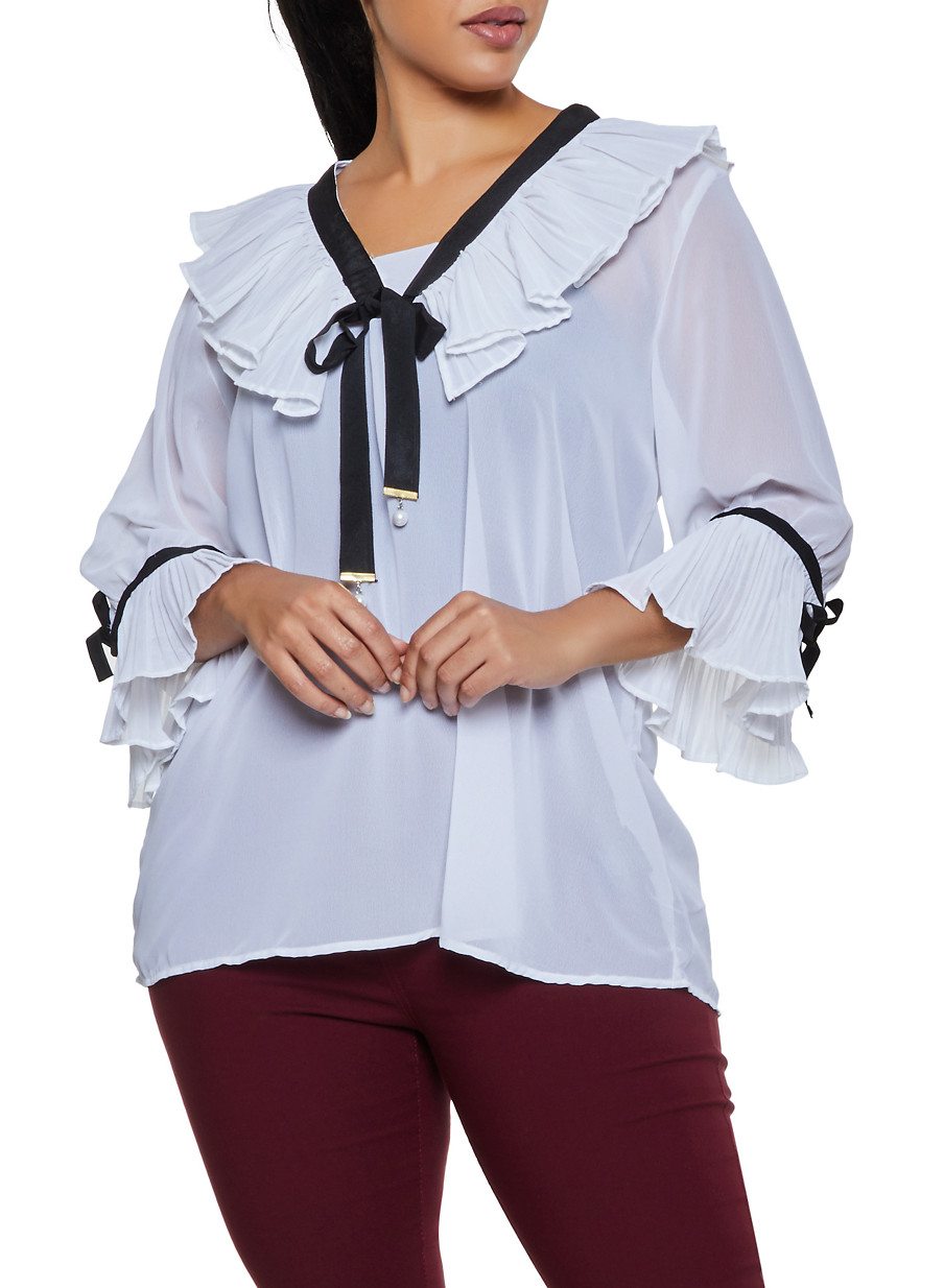 Plus Size Ruffled Ribbon Trim Blouse