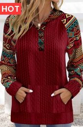 Wine Red Patchwork Tribal Print Long Sleeve Hoodie