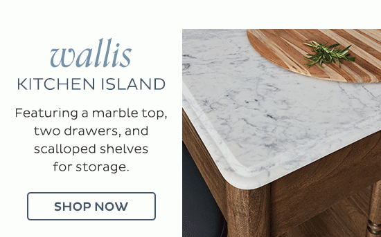 Wallis Kitchen Island | Featuring a marble top, two drawers, and scalloped shelves for storage. | Shop Now