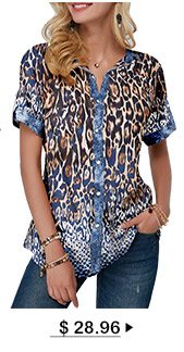 Split Neck Button Front Leopard Print Blouse