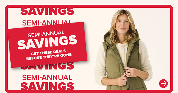 A woman in a coat. Semi-Annual Savings.