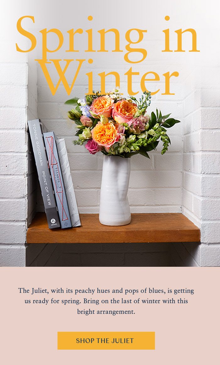 | The Juliet, with its peachy hues and pops of blues, is getting us ready for spring. Bring on the last of winter with this bright arrangement. 