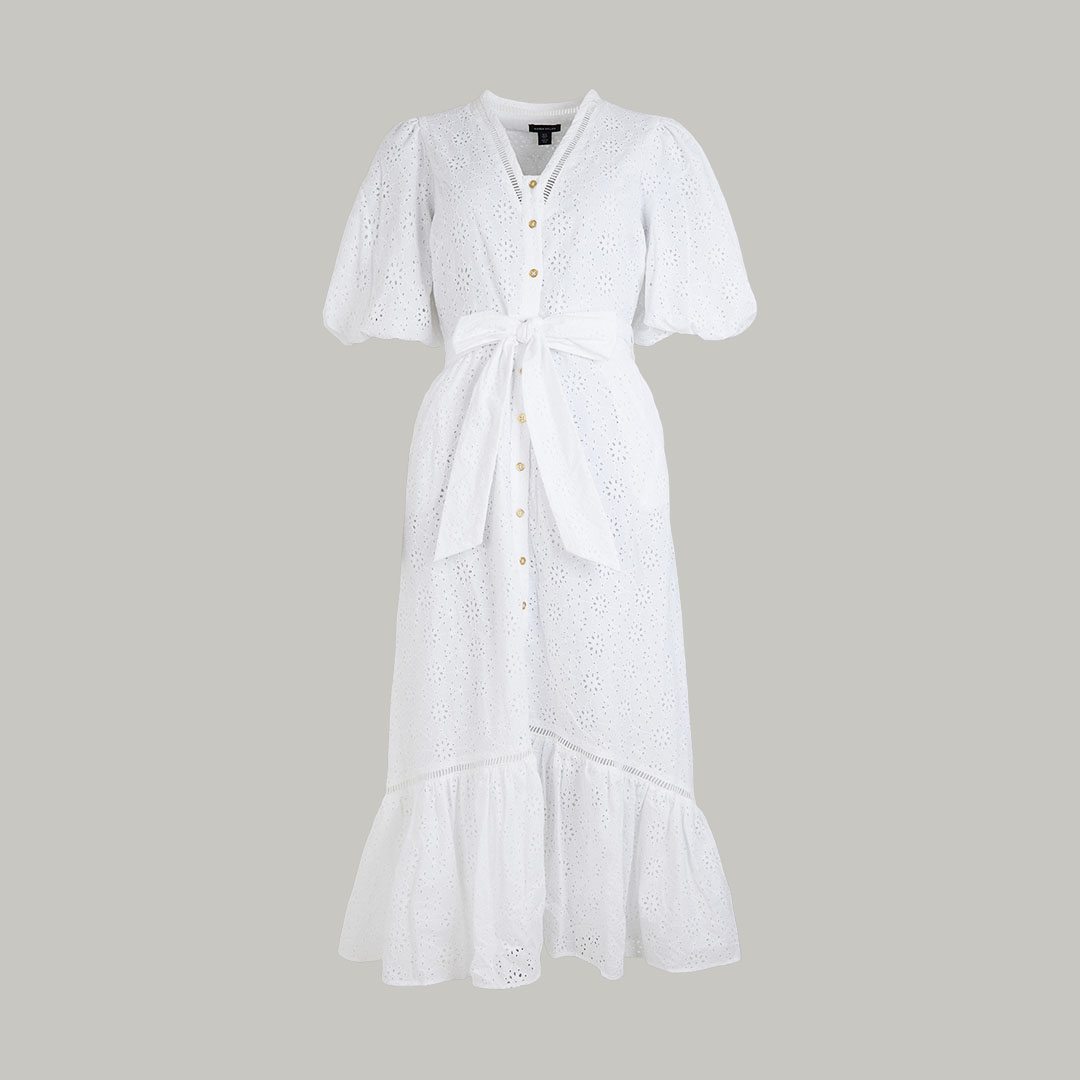 Cotton Broderie Belted Midi Dress