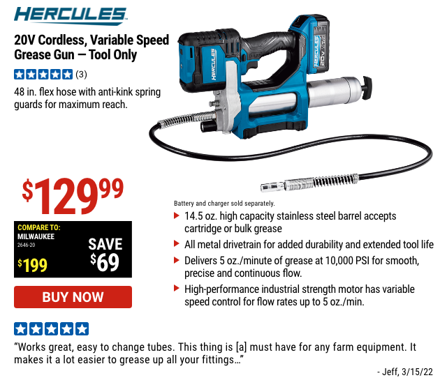 HERCULES: 20V Cordless Variable Speed Grease Gun - Tool Only