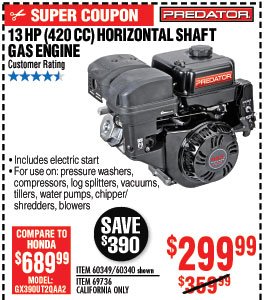 13 HP (420cc) OHV Horizontal Shaft Gas Engine EPA