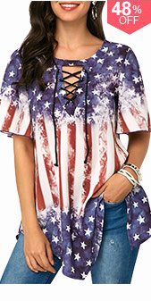 Star and Stripe Print Lace Up Blouse