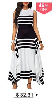 Stripe Print Asymmetric Hem Sleeveless Midi Dress