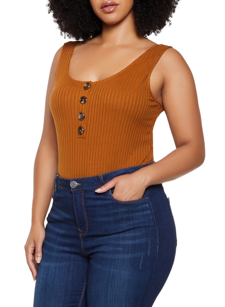 Plus Size Half Button Rib Knit Bodysuit