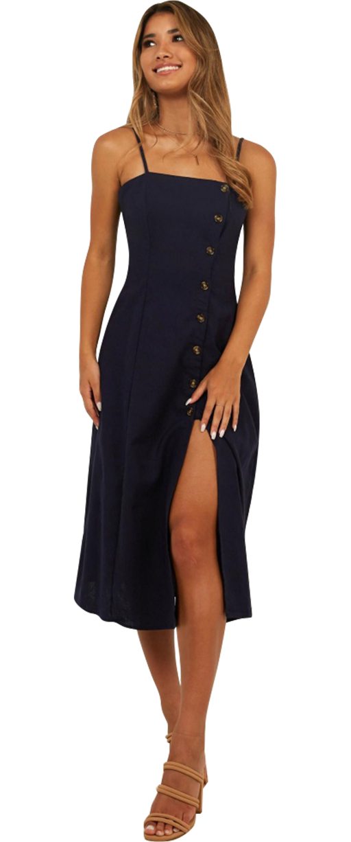 Shop the Out Of Office Dress In Navy Linen Look