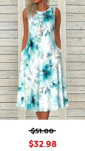 ROTITA Pocket Floral Print Blue A Line Round Neck Dress