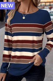 Blue Patchwork Striped Long Sleeve Round Neck T Shirt