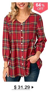 Blouson Sleeve Plaid Print V Neck Blouse