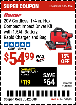 BAUER: 20V Cordless 1/4 In. Hex Compact Impact Driver Kit With 1.5Ah Battery, Rapid Charger, And Bag
