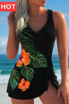 Tie Floral Print Black One Piece Swimdress