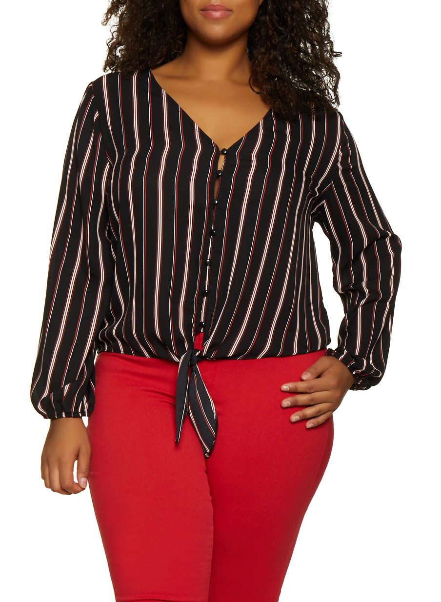 Plus Size Striped Button Tie Front Top