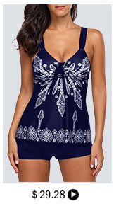 Printed Open Back Navy Padded Tankini Set