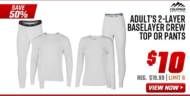 Coldpruf Adult's 2-Layer Baselayer Crew Top or Pants