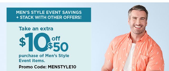 Take an extra $10 off your $50 purchase of mens style event items when you use promo code MENSTYLE10