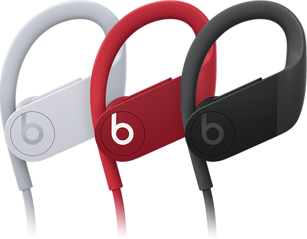 All three colorways of the new Powerbeats. In white, red, and black.