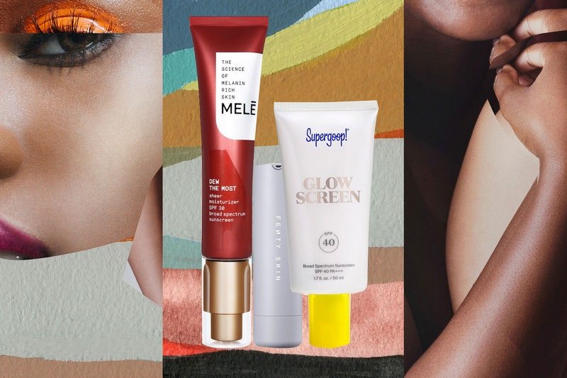 Collage of models with melanin-rich skin and three tubes of sunscreen (Mele, Fenty Skin, and Supergoop) in the center