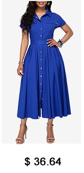 Bowknot Back Pleated Royal Blue Button Front Dress