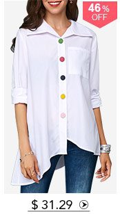 Button Up Asymmetric Hem Pocket White Blouse