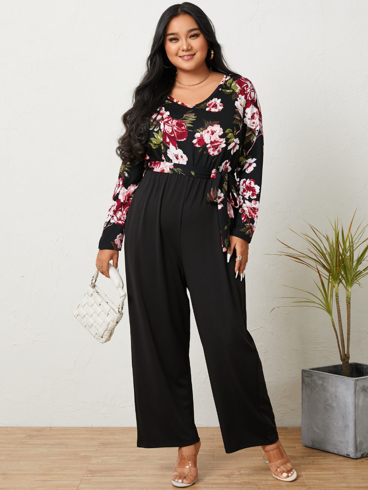 V-neck Floral Print Belt Design Long Sleeves Jumpsuit