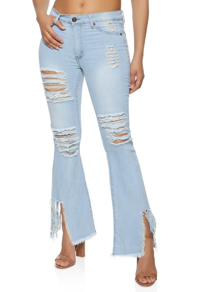 Distressed Fringe Hem Flare Jeans