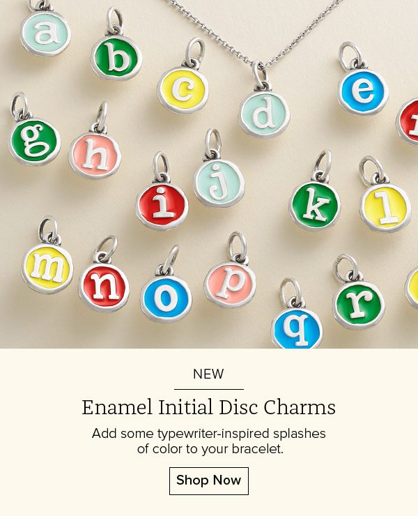 NEW Enamel Initial Disc Charms - Add some typewriter-inspired splashes of color to your bracelet. Shop Now