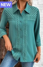 Turquoise Button Patchwork 3/4 Sleeve Shirt