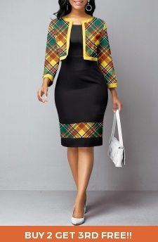 Plaid Patchwork Black Two Piece Suit Dress and Cardigan