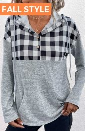 ROTITA Pocket Plaid Light Grey Long Sleeve Hoodie