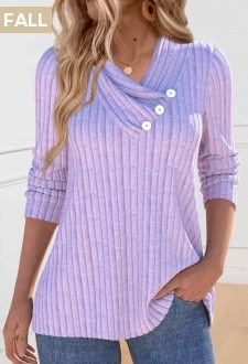 ROTITA Button Light Purple V Neck Long Sleeve Sweatshirt