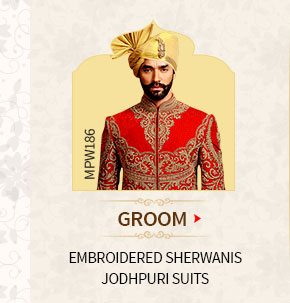 Groom's range for wedding: Embroidered Sherwanis, Jodhpuri Suits & more. Shop Now!
