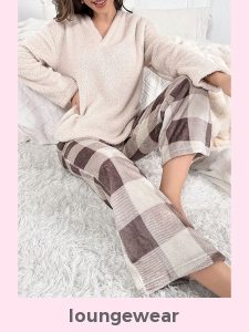 Plaid Beige V Neck Lounge Top and Pants