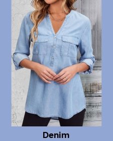 ROTITA Pocket Denim Blue Split Neck Long Sleeve Blouse