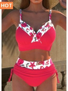 ROTITA Jacquard Hot Pink Floral Print Bikini Set