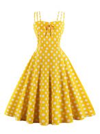 Yellow Vintage Dress Straps Polka Dot Cotton Retro Summer Dress