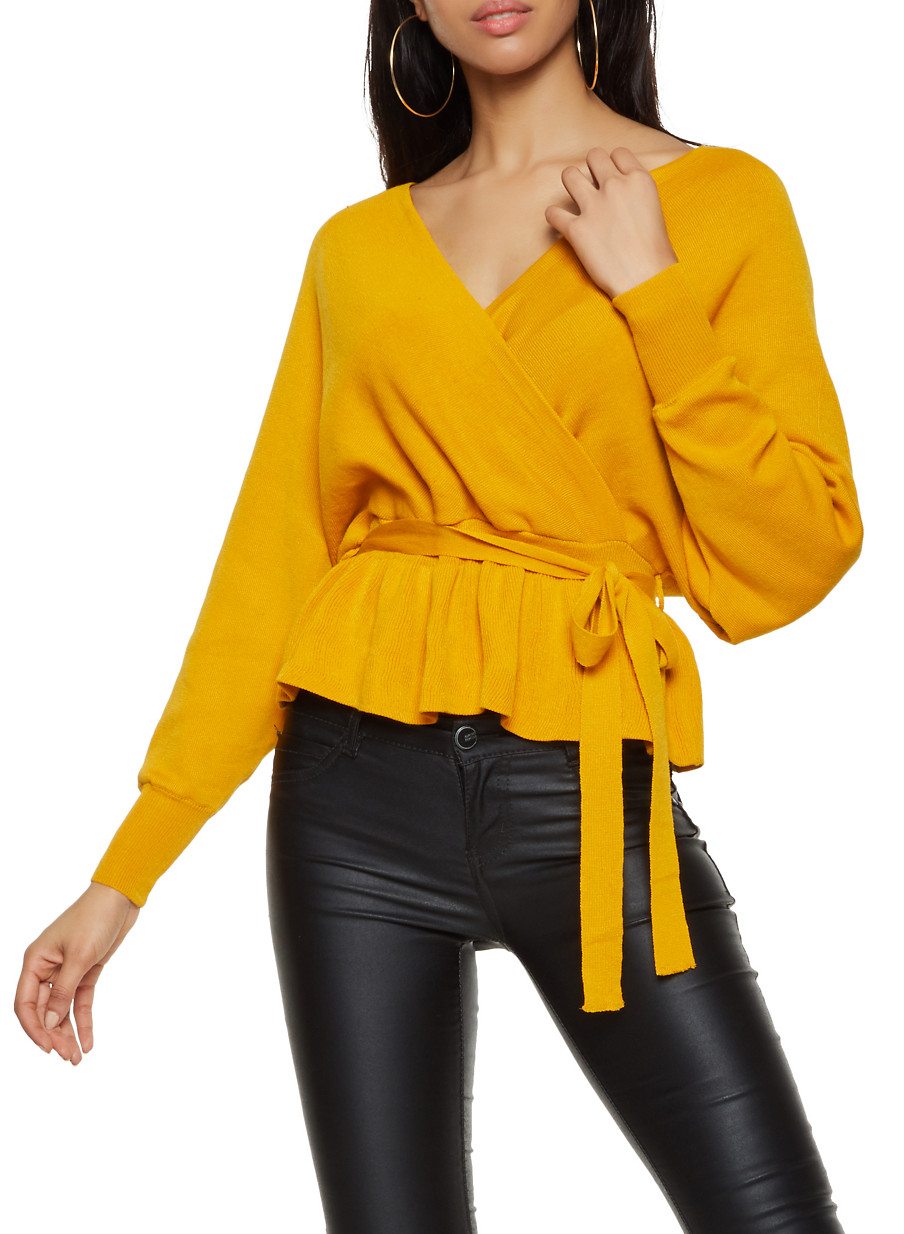 Tie Waist Faux Wrap Sweater