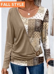 Light Camel Asymmetry Patchwork Long Sleeve T Shirt