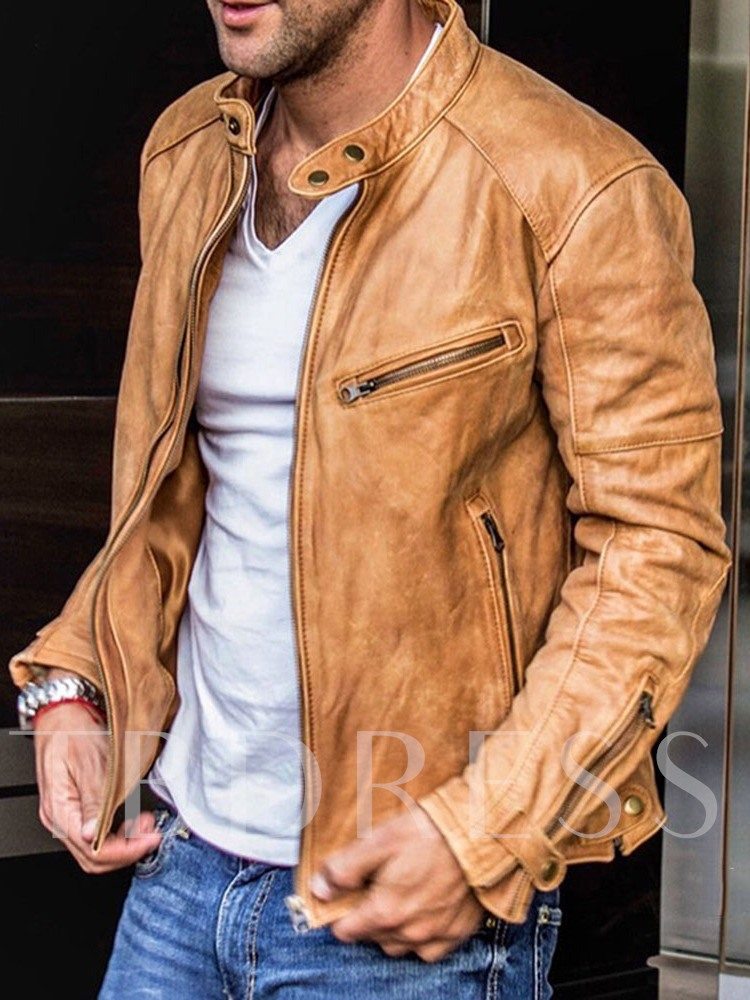 Fashion Plain Standard Stand Collar Zipper PU Men's Leather Jacket