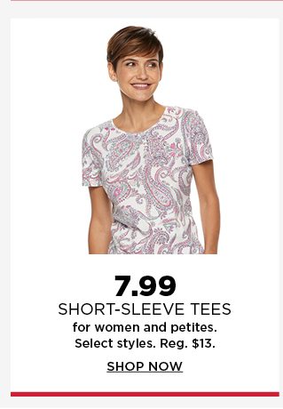 7.99 essential short sleeve tees for women and petites. select styles. regularly $13. shop now.