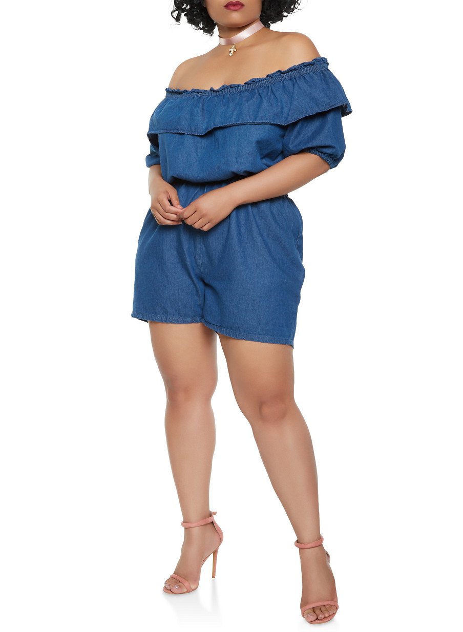 Plus Size Off the Shoulder Denim Romper